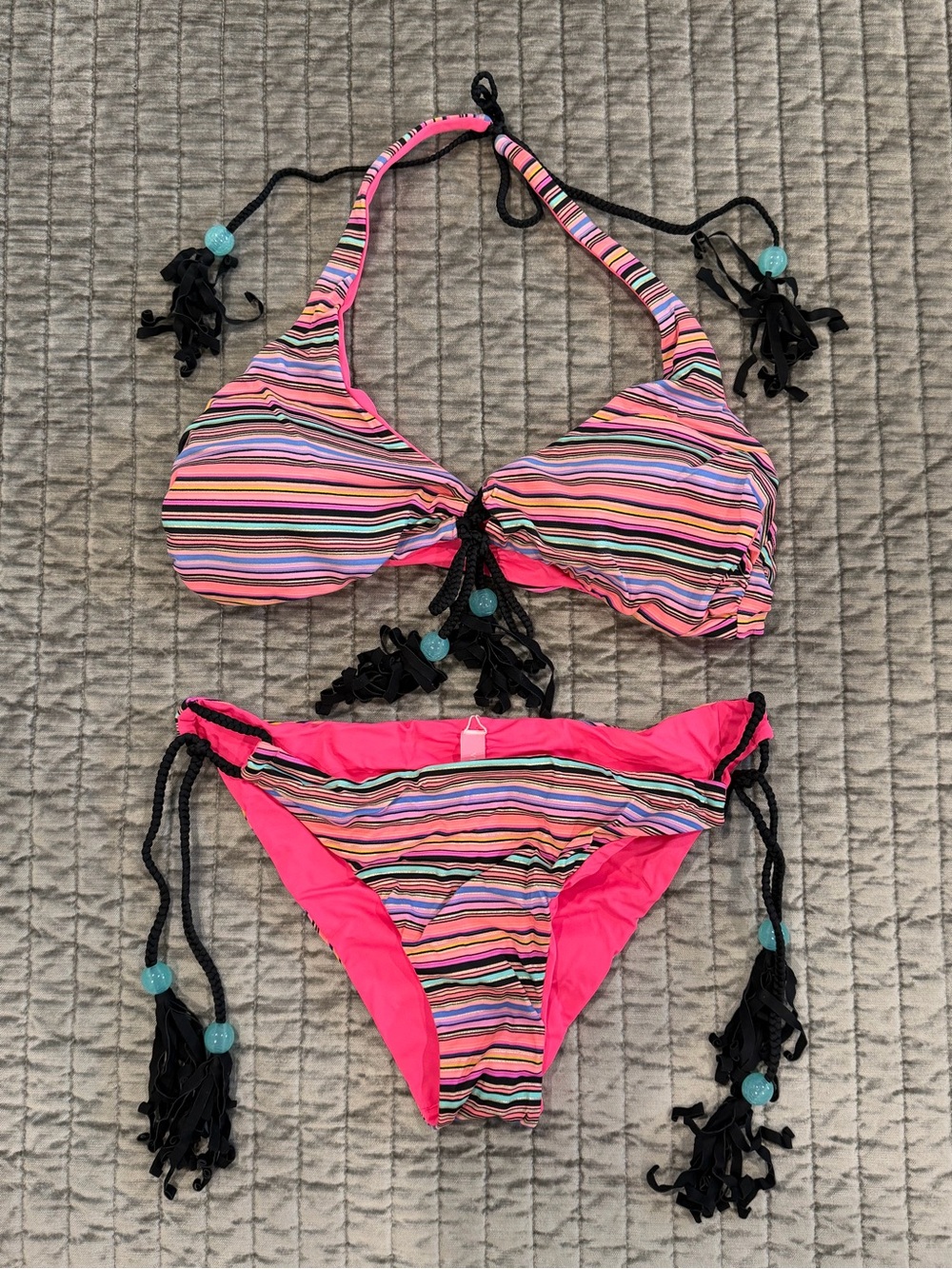 Victoria's Secret Reversible Hot Pink Striped Black Tassels Bikini
